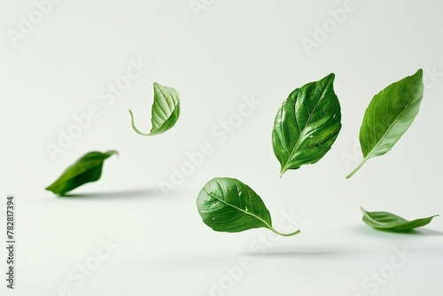Leaves of basil levitate on a white background, Isolated