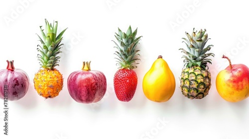 A row of vibrant tropical fruits, each one bursting with freshness and flavor, ready to tantalize your taste buds. Isolated on pure white background.