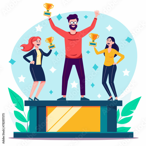 The winner. On the winner stage, podium. The best and most successful colleagues on the success scale. Success ranking of the best office workers