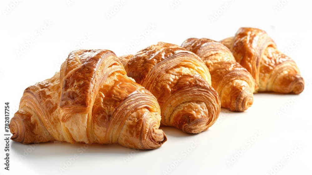 A row of freshly baked croissants, golden and flaky, with a delicate aroma of butter wafting through the air. Isolated on pure white background.