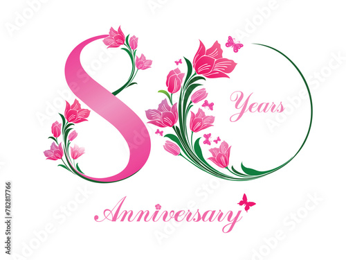 80 years anniversary. Happy birthday card. Celebration white background with number eighty, flower tulips and place for your text.  Elements for your Birthday Celebration Party. Vector illustration