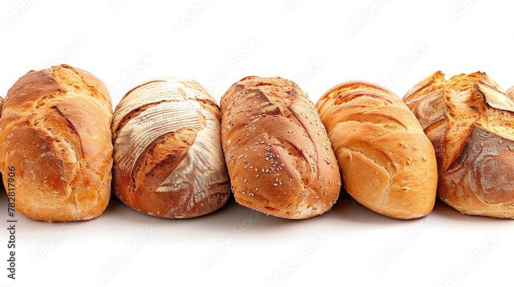 A row of freshly baked bread loaves, with golden crusts and soft interiors, ready to be sliced and enjoyed. Isolated on pure white background.