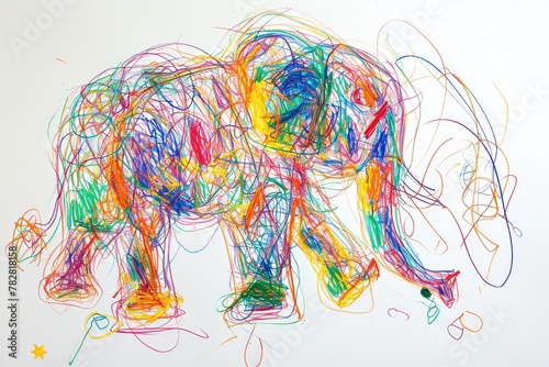 The hand drawing colourful picture of the elephant that has been drawn by the colored pencil, crayon or chalk on white blank background that seem to be drawn by the child that willing to draw. AIGX01.