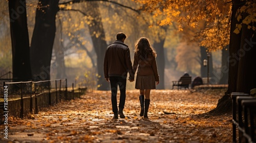 a man and a woman walking down a leaf covered path  redahair and attractive features  boy and girl are the focus  hand holdings  loving stare   appeasing  endings  lovers