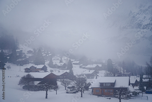  A snow-covered town bustling with people and warm atmosphere is a common scene in Switzerland