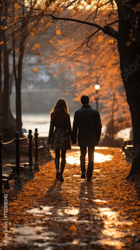 a man and a woman walking down a path, romanticism, autumn lights