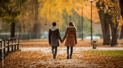 two people walking down a path holding hands, couple walking hand in hand, walking together, man and woman in love, romantic couple, love is begin of all,  romantic simple path traced, autumn season