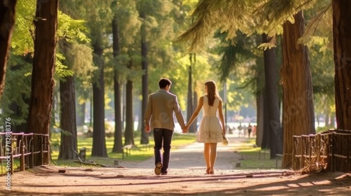 a man and a woman holding hands walking down a path, man and woman walking together, couple walking hand in hand, romantic simple path traced,  romantic greenery,  romantic