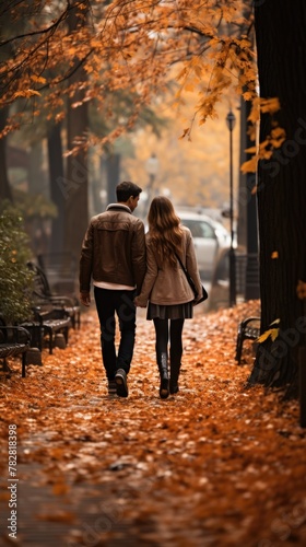 a man and a woman walking down a leaf covered path, man and woman walking together, couple walking hand in hand, autumn season,  falling leaves, autumn background, romantic couple, autumn, autum