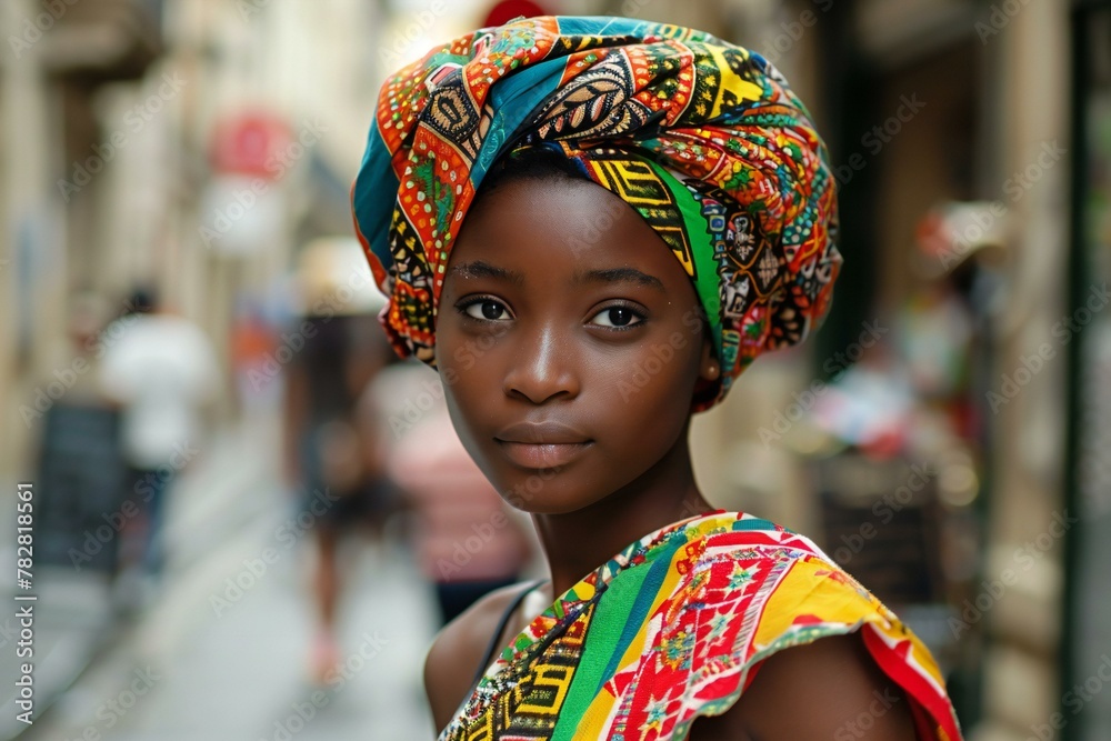 Portrait of a beautiful african woman wearing a turban and standing in the street