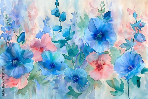 Watercolor floral background with blue poppies, Hand-drawn illustration