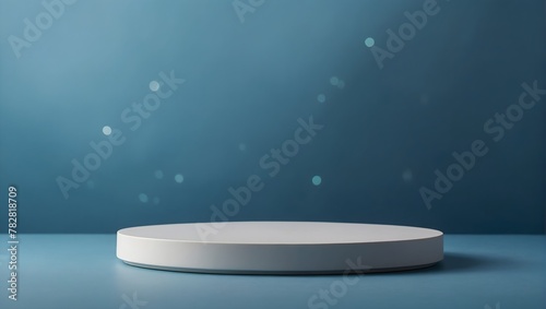 Empty round cylinder platform podium for product or cosmetics presentation on blue background with bokeh. Minimal composition background. Front view