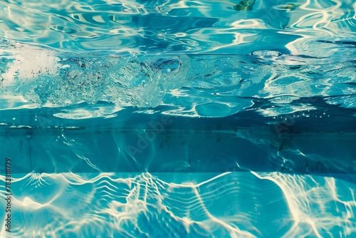 Blue water surface with ripples and waves in swimming pool background