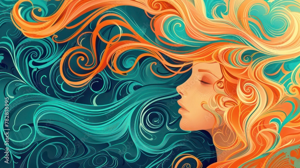 A painting of a beautiful woman with colorful wavy and loose hair with a serenity and elegance colorful concept.