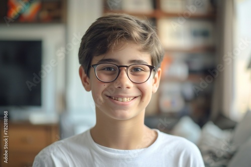Portrait of a smiling boy with glasses and a white t-shirt