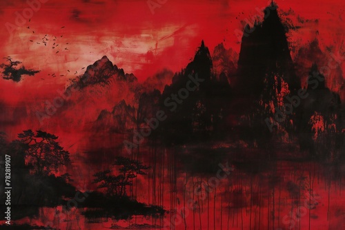 Red and black grunge landscape with forest and mountain silhouette in background