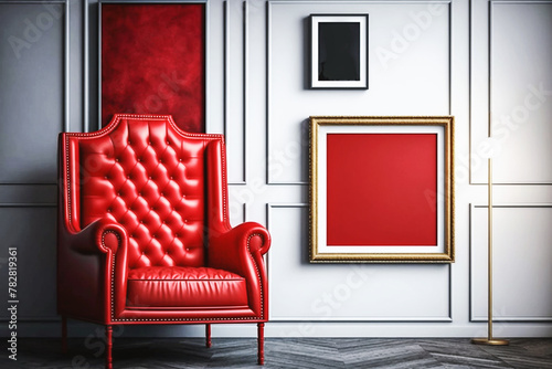 Modern apartment with red leather armchair in bright red colors and blank picture frames on the wall. Generative AI 