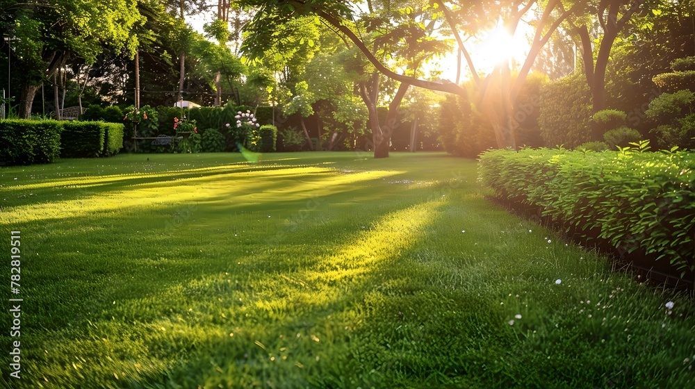 Obraz premium Serene park scene with lush green grass and sun rays at sunset. Perfect for backgrounds or nature themes. Peaceful and refreshing outdoor ambiance. AI