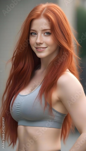 Portrait of a beautiful redhead girl with long hair in a sports bra