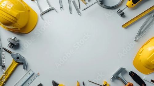 Plain background with worker tools frame. Happy labor day and international workers day.