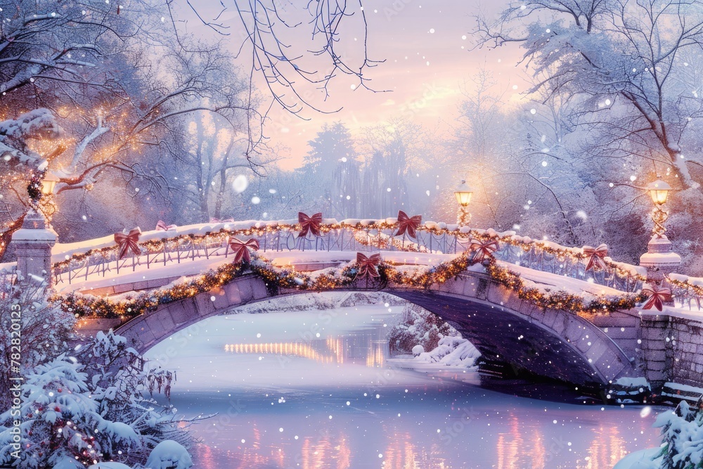 A picturesque snow-covered bridge adorned with garlands, bows, and twinkling lights, against a backdrop of serene winter landscape painted in pastel pink and blue.