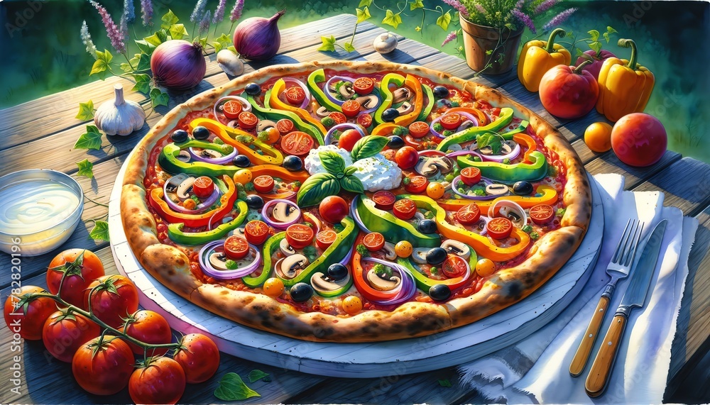Watercolor Painting of a Pizza Vegetariana