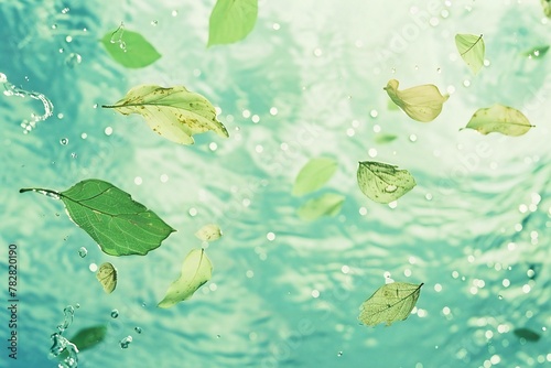 Green leaves floating in the water,  Nature background,  Toned