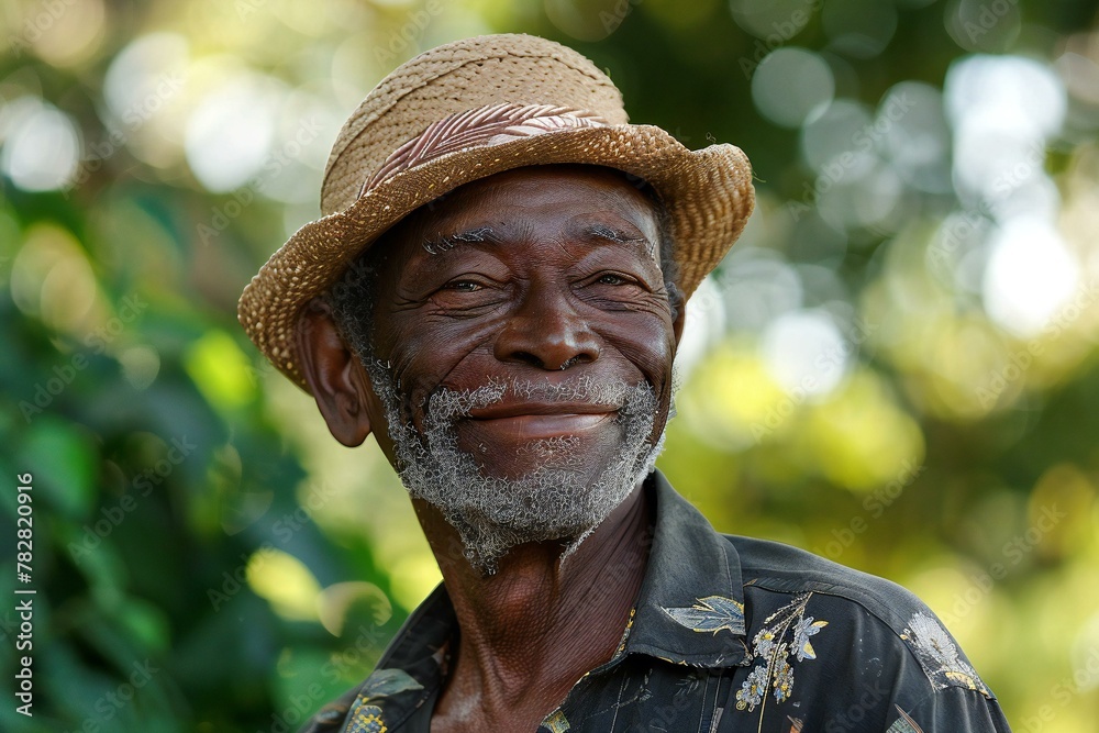 Unidentified Ghanaian man in a hat smiles at the local market