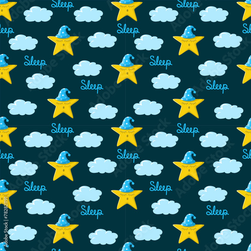 Seamless pattern with cute sleeping star in nightcap on clouds background and lettering sleep. 