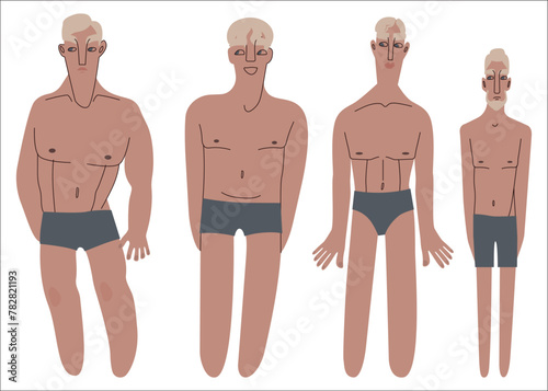 Flat Caucasians men in underwear portraits of different shapes and sizes vector illustration set. Tanned skin people with blond hair in cartoon style for multinational and diversity designs
