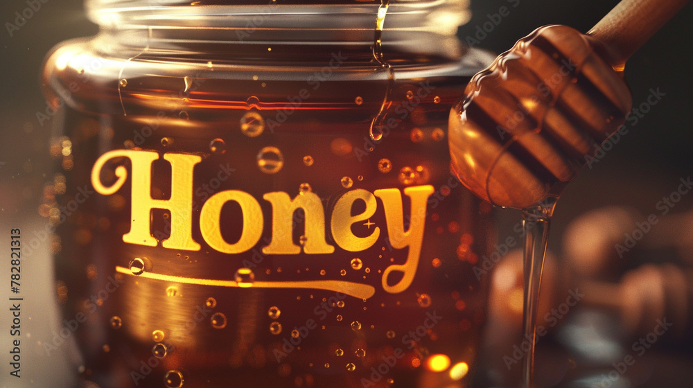 A close-up of a glass jar filled with honey and a wooden dipper. The label on the jar has a yellow background and the word "Honey" in a cursive font. - obrazy, fototapety, plakaty 