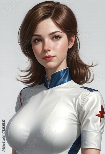 Beautiful young woman in a costume of a superhero on a gray background