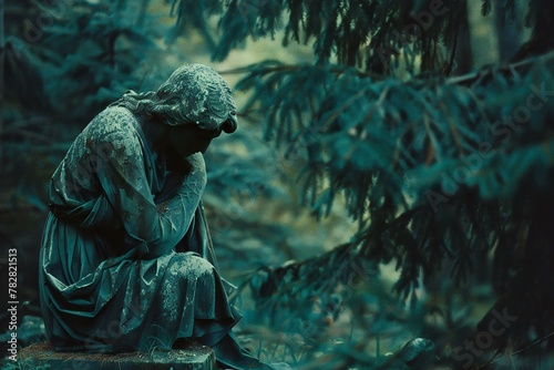 Vintage portrait of a sad woman sitting alone in the cemetery