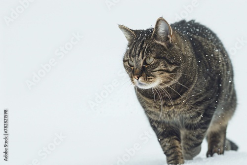 Beautiful tabby cat in the snow on a cold winter day