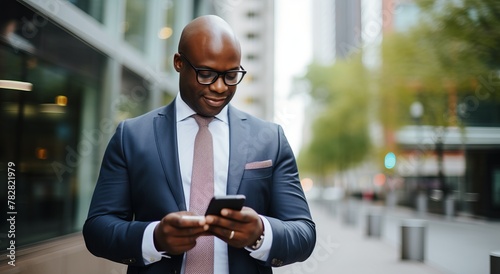 Close-up of an African American businessman in a formal suit with a smartphone photo
