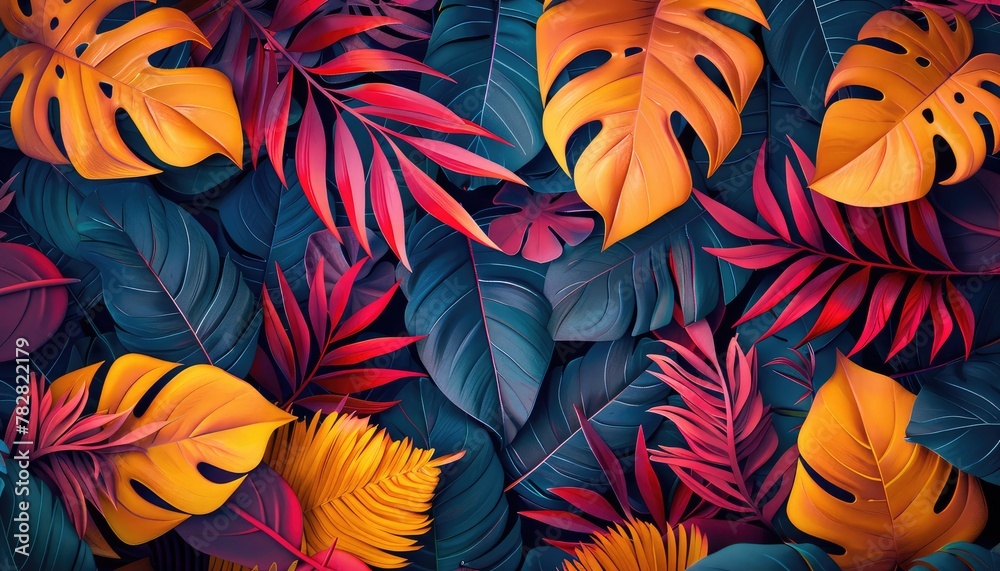 Tropical Leaf Pattern, Lush and vibrant tropical leaf patterns inspired by exotic flora, ideal for adding a touch of paradise to summer-themed designs or packaging