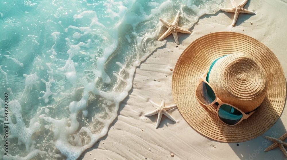 Inviting Coastal Escape with Straw Hat and Sunglasses Laid on Sandy Shore Overlooking Turquoise Ocean Waves