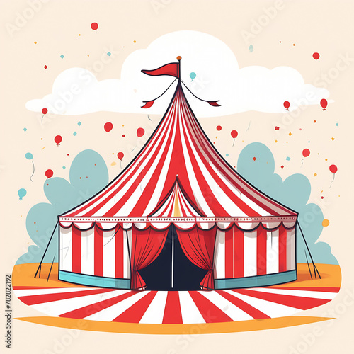 circus tent illustration. a circus tent stands on the ground, balloons fly in the sky