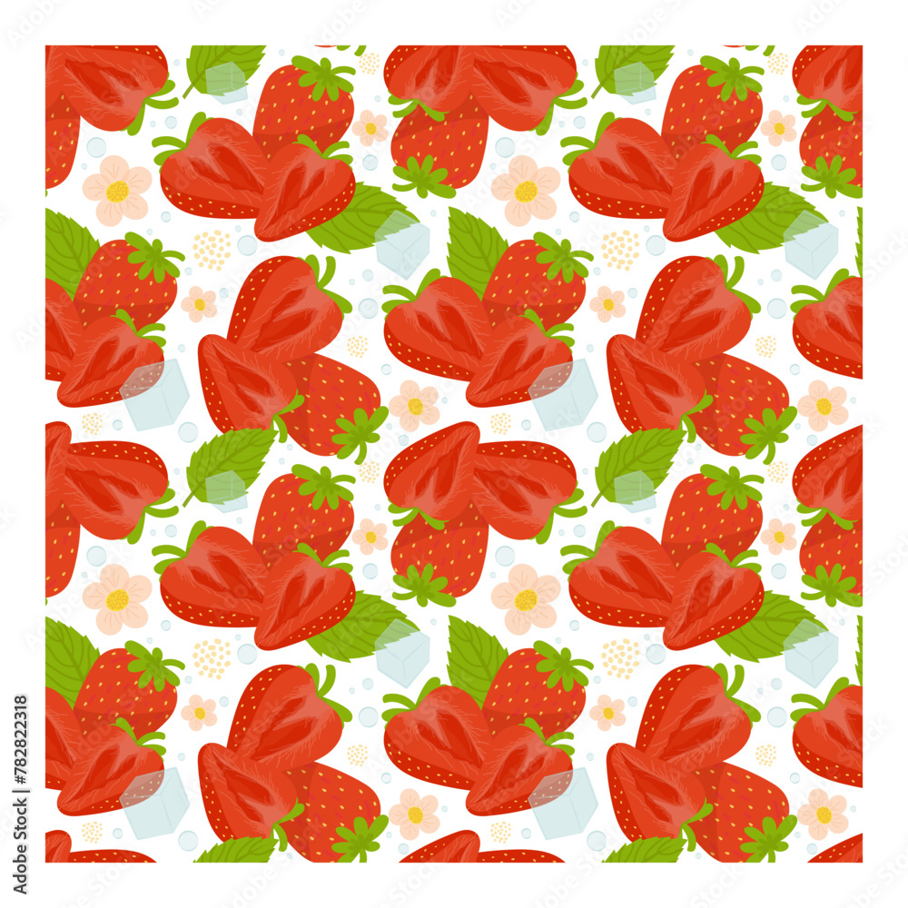 A pattern of pieces of juicy strawberries with leaves, flowers and pieces of ice. Seamless pattern of juicy ripe strawberries. Wrapping paper, textile, vector illustration A pattern of pieces of juicy strawberries with leaves, flowers and pieces of ice. Seamless pattern of juicy ripe strawberries. Wrapping paper, textile, vector illustration