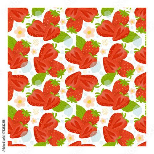 A pattern of pieces of juicy strawberries with leaves  flowers and pieces of ice. Seamless pattern of juicy ripe strawberries. Wrapping paper  textile  vector illustration