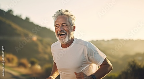 Portrait of happy senior man with grey hair and beard in sportswear