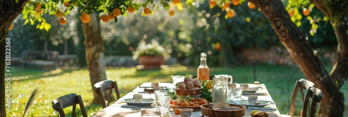 Outdoor Gathering Under Shaded Trees with Homemade Brunch Spread