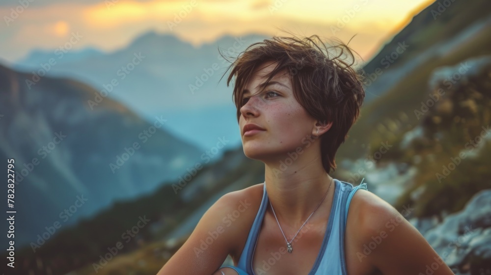 woman in the mountains, young woman in climbing clothes, high mountains, mountains landscape, blurred background, sunset lighting