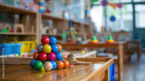 Vibrant Early Childhood Education Classroom with Colorful Wooden Toys and Learning Materials for Foundational Development