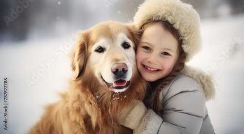 Little girl hugging golden retriever dog during walk on winter nature