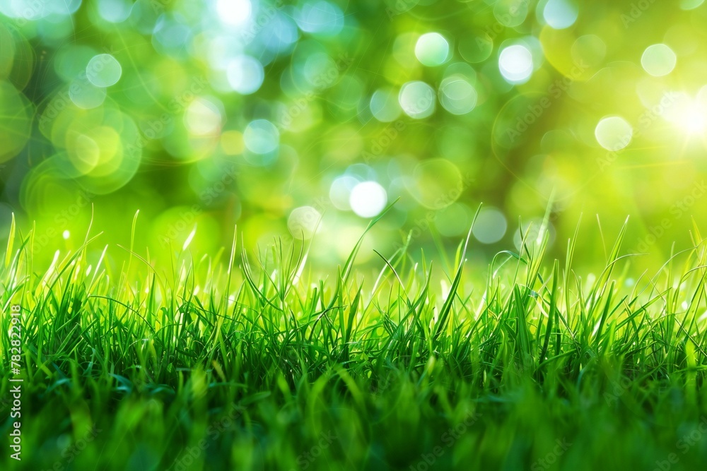 Green grass with bokeh background and sunlight,  Natural green background