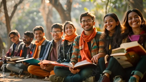indian group of happy students sitting in college campus,generative ai photo