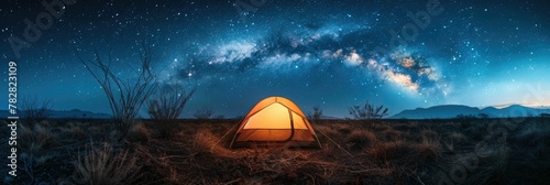 Glowing Camping Tent Under Mesmerizing Starry Night Sky in Serene Wilderness Landscape