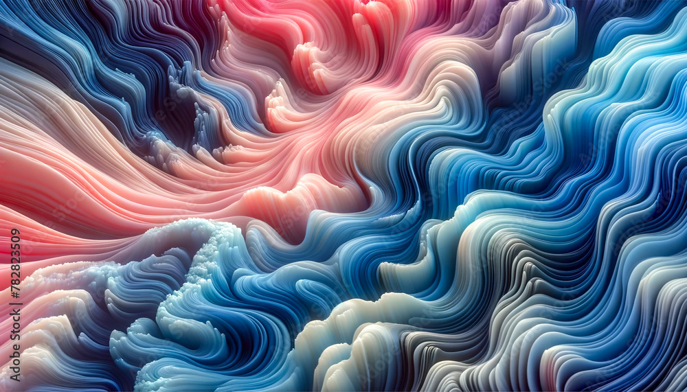 Obraz premium abstract background waveforms in a dynamic blend of pastel pink and blue hues creating a fluid and mesmerizing pattern with copy space.
