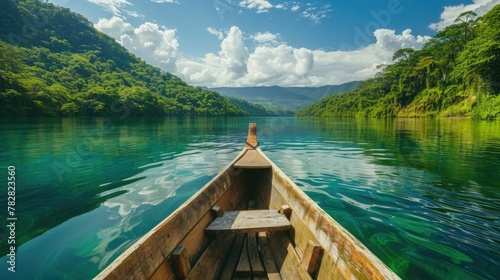 Serene Boat Ride on a Pristine Lake Surrounded by Lush Verdant Landscapes and Towering Mountains © Intelligent Horizons
